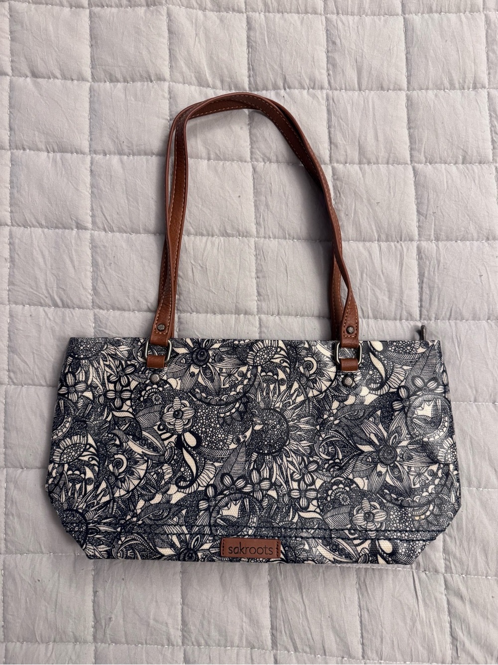 SAKROOTS Blue Floral Canvas Tote Bag with Brown Handles